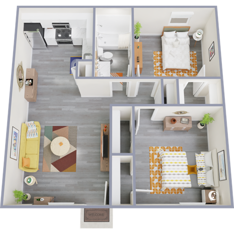 Floor plan for 2 beds, 1 bath, 806 sqft